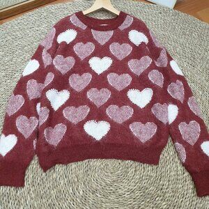Cute Allover Heart Print Knit Sweater Cozy Valentine Pullover